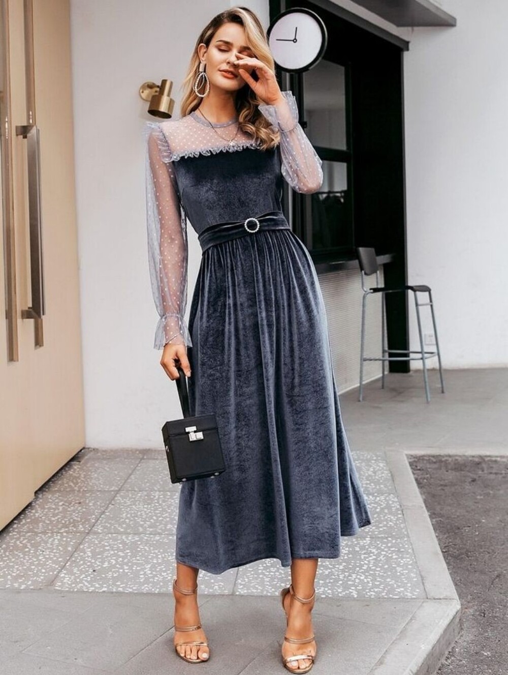 Simplee Dobby Mesh Yoke Beltrd Velvet Midi Dress Slate Gray Medium